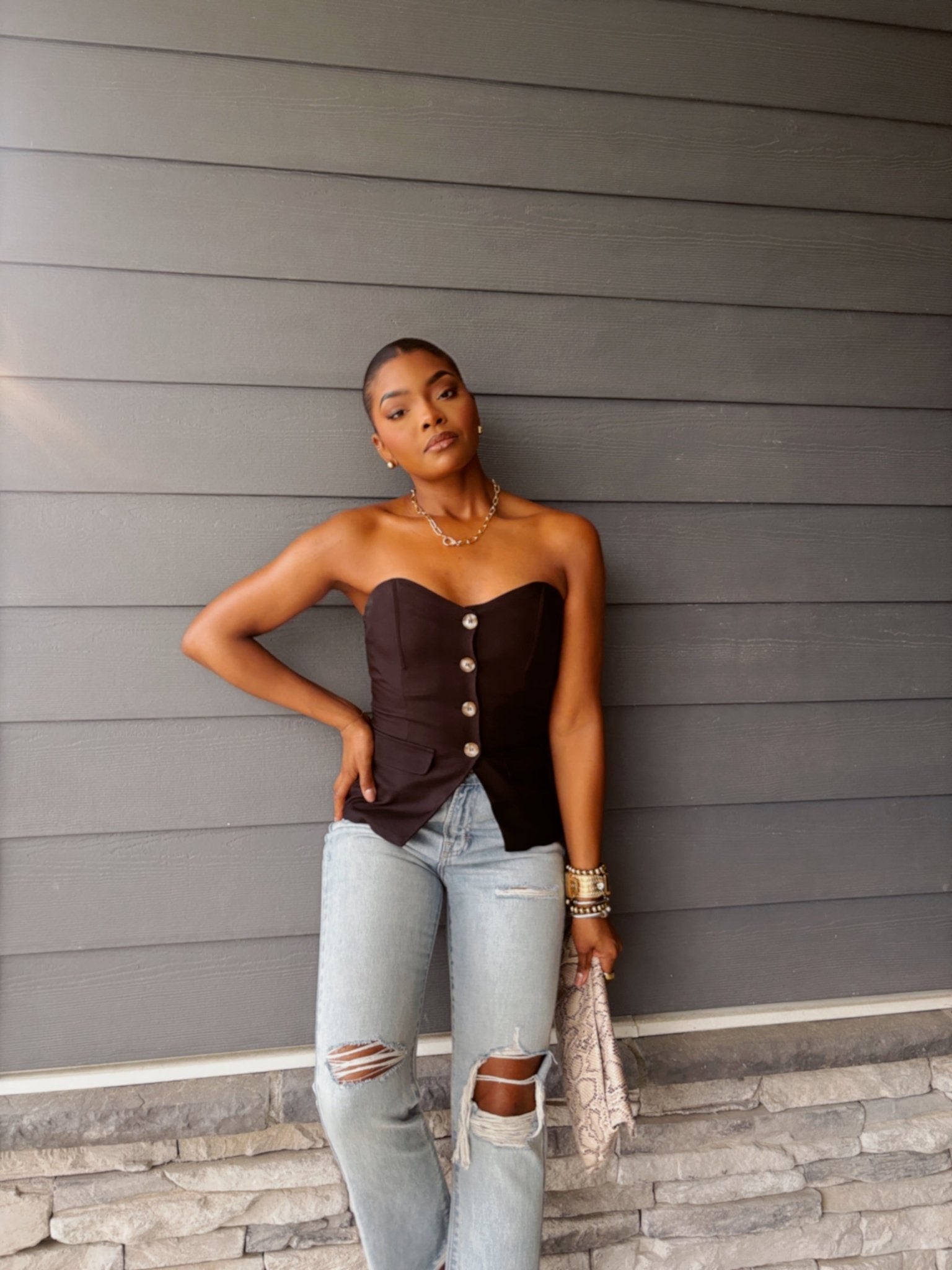 Black Buttoned Tube Top | Sleek Strapless Statement Piece - FINAL SALE