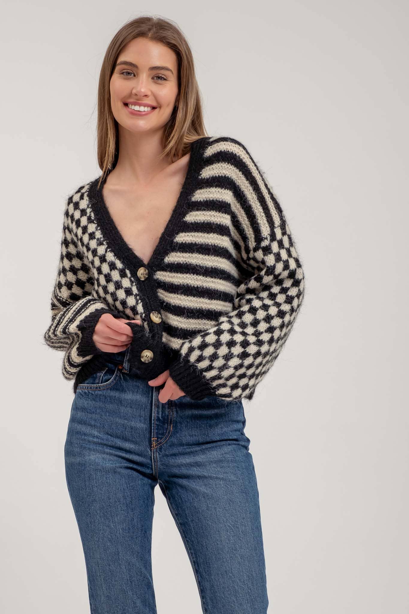 Blu Pepper Stripe and Checkered Drop Shoulder Knit Cardigan - Rosie Karma
