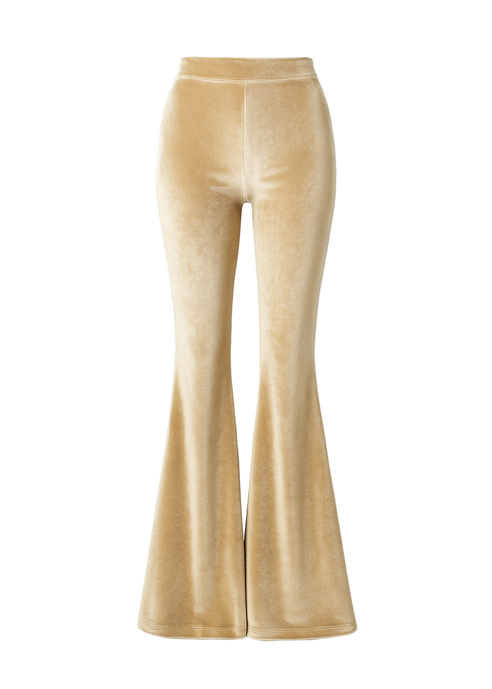 Gold velvet flared pants on a white background