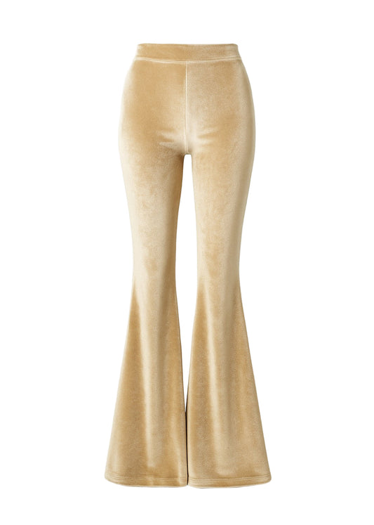 Gold velvet flared pants on a white background