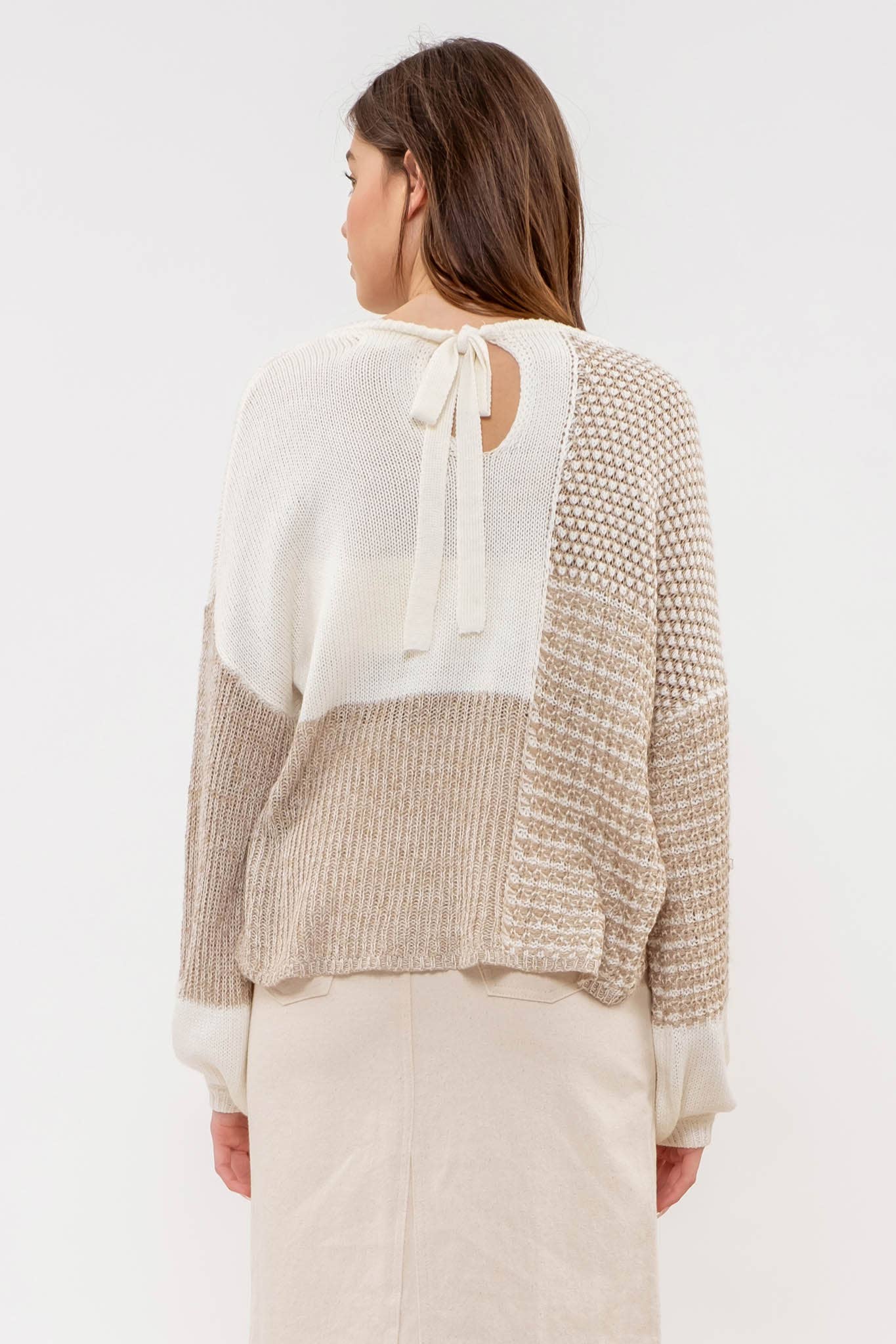 Blu Pepper Back Tie Colorblock Knit Sweater: Taupe Multi - Rosie Karma
