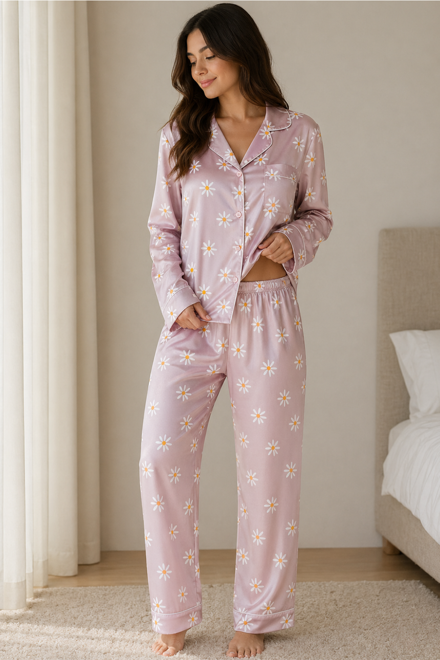 A woman in Bella Sleep + Spa Full Length PJ Set - Daisy - Rosie Karma