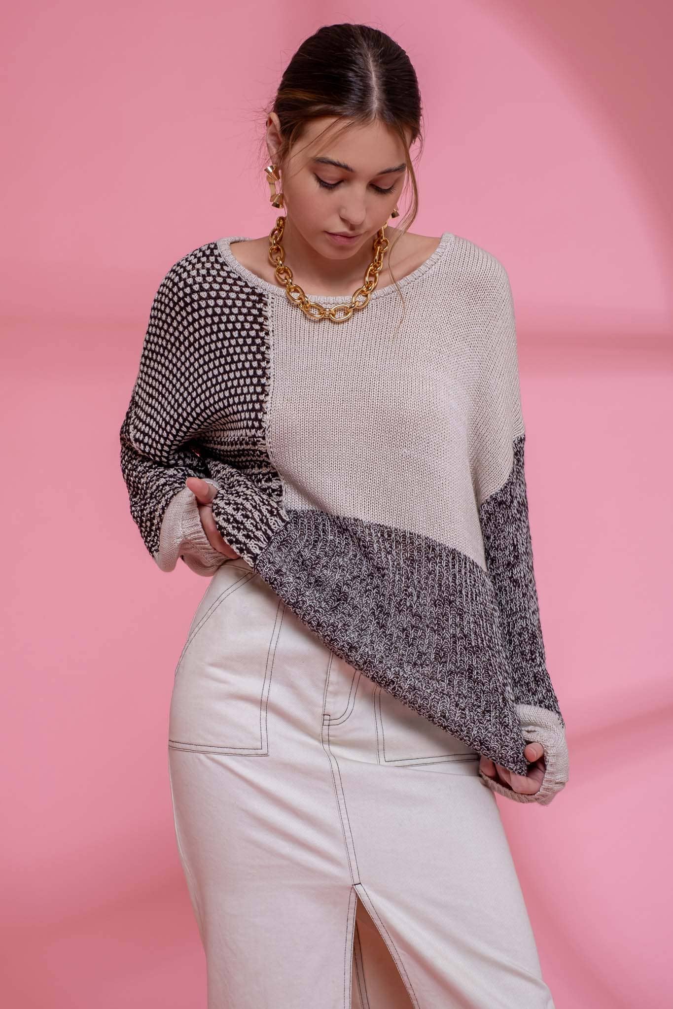Blu Pepper Back Tie Colorblock Knit Sweater - Grey Multi - Rosie Karma
