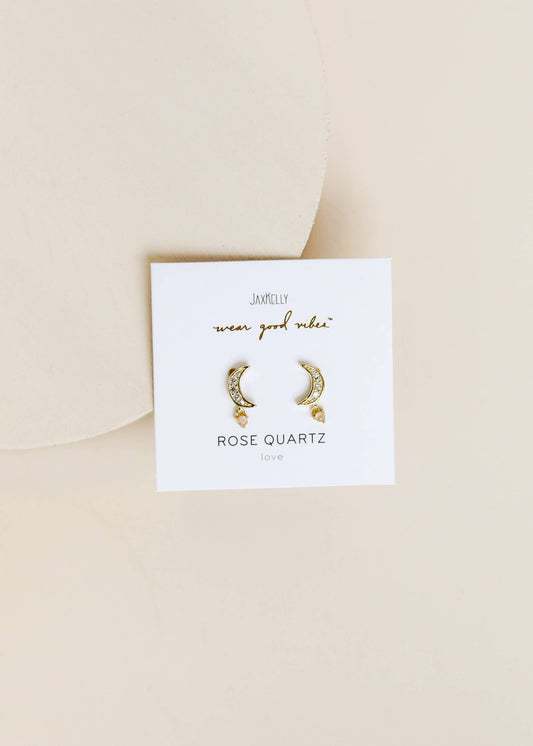 JaxKelly Moon Drop - Rose Quartz - Gold Earrings