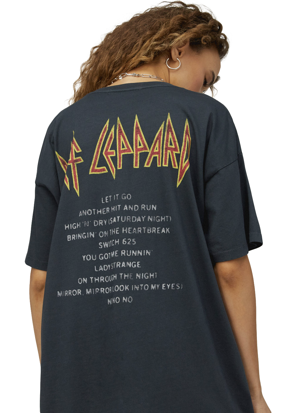 A close-up shot of the back of the vintage-inspired Daydreamer Def Leppard t-shirt, showing the album's track list printed in a distressed font.