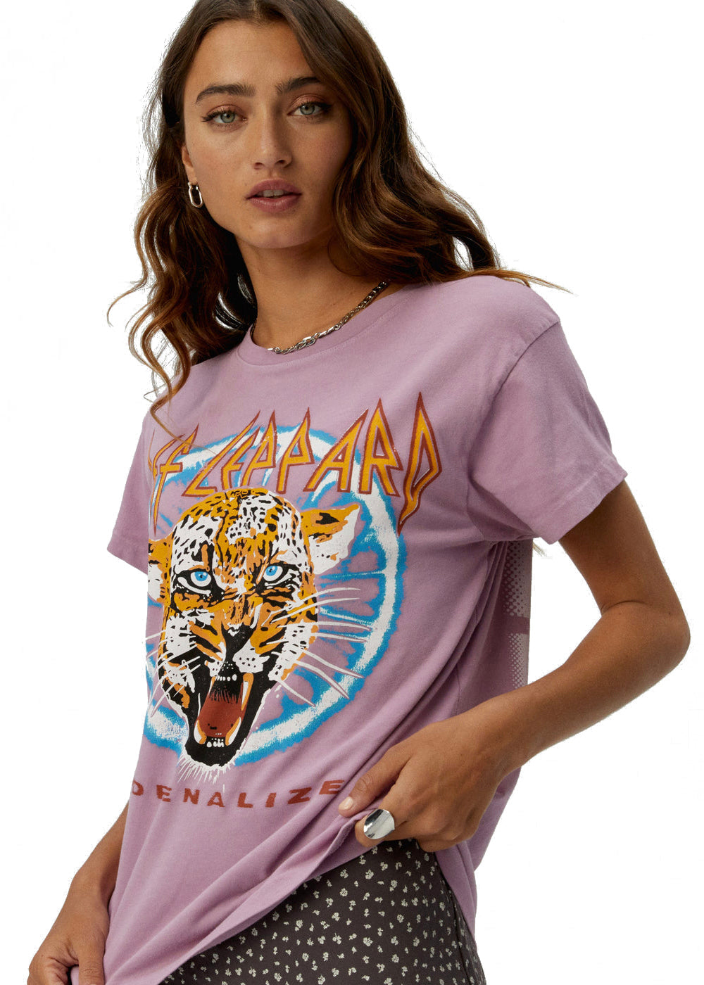 Side shot of the vintage-inspired Def Leppard t-shirt, showing the "Adrenalize" album name stamped in block letters.

