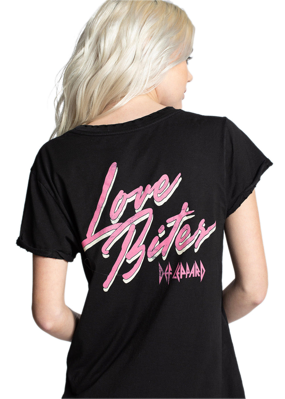 Back of the Recycled Karma Def Leppard shirt showing the 'Love Bites' slogan, adding a rock & roll attitude to the classic tee.