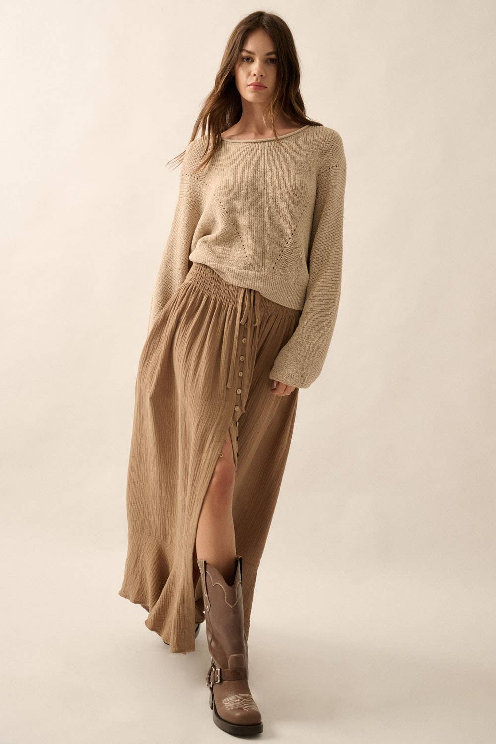 Promesa Solid Rib-Knit Dolman-Sleeve Sweater: Oatmeal - Rosie Karma