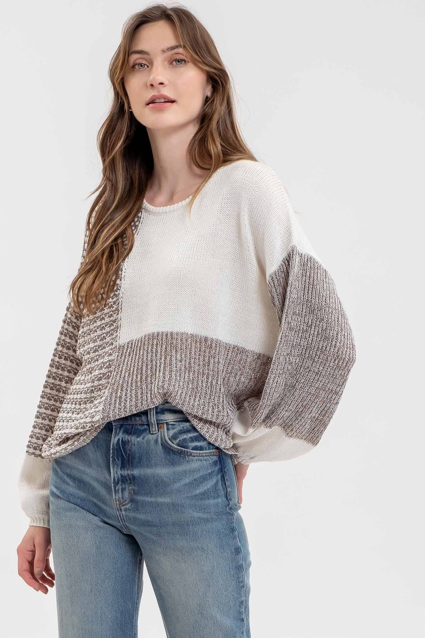 Blu Pepper Back Tie Colorblock Knit Sweater - Grey Multi - Rosie Karma