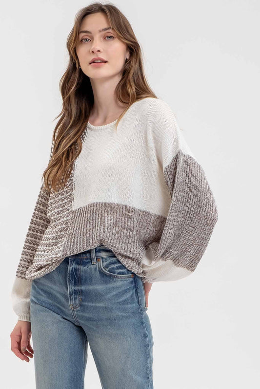 Blu Pepper Back Tie Colorblock Knit Sweater - Grey Multi - Rosie Karma