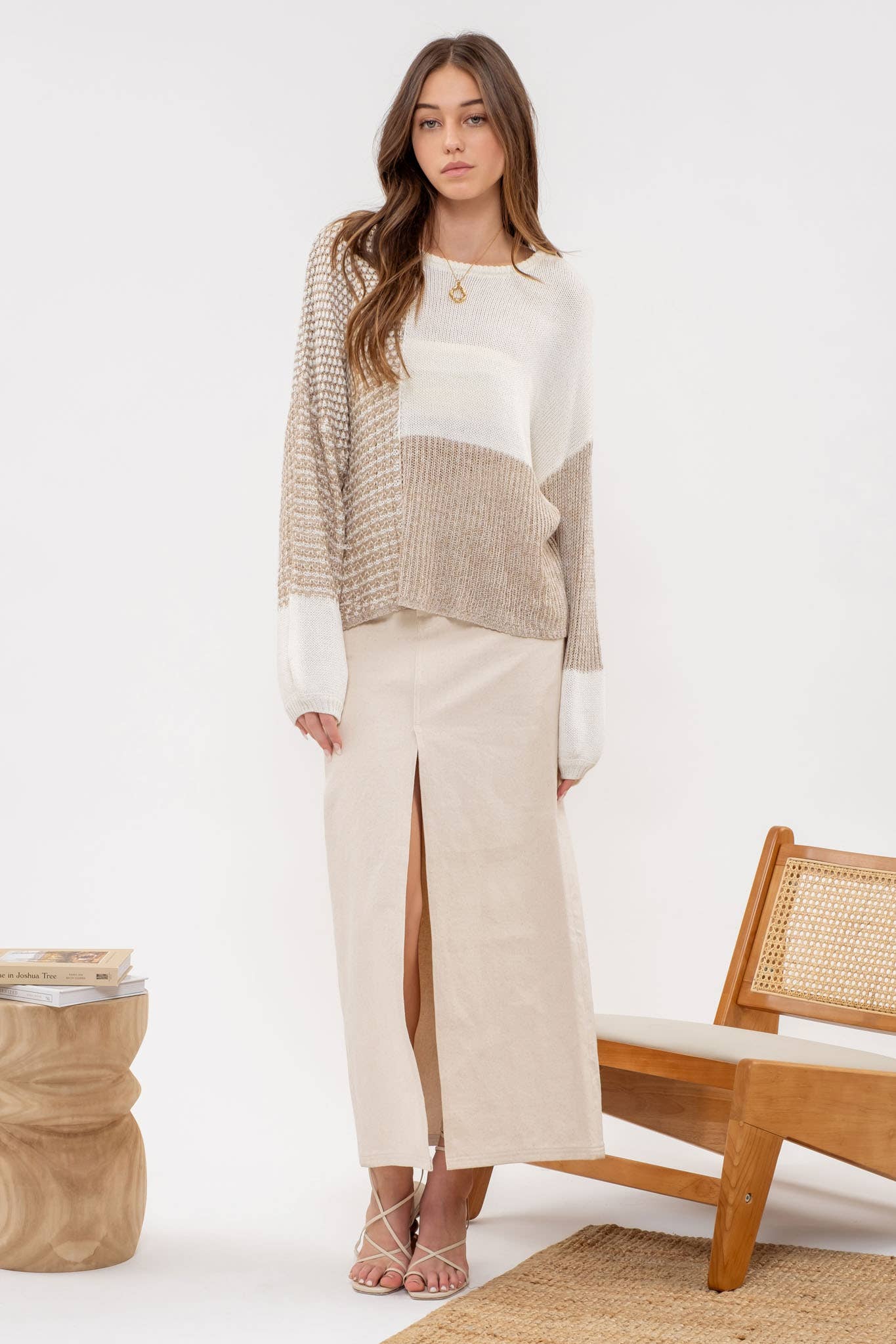 Blu Pepper Back Tie Colorblock Knit Sweater: Taupe Multi - Rosie Karma