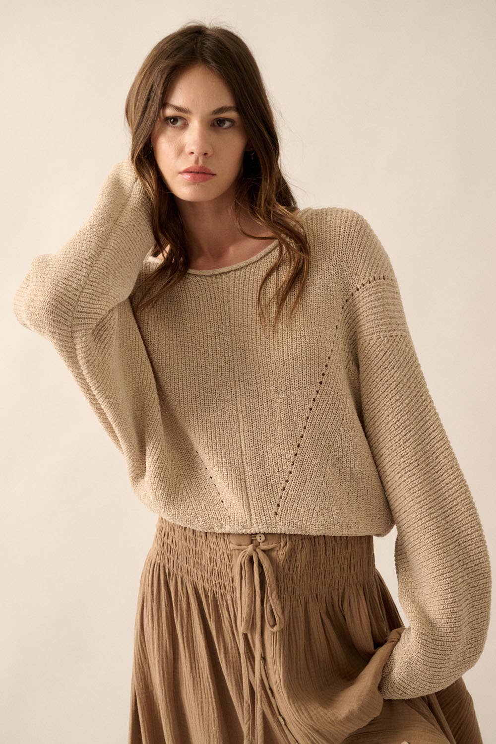 Promesa Solid Rib-Knit Dolman-Sleeve Sweater: Oatmeal - Rosie Karma