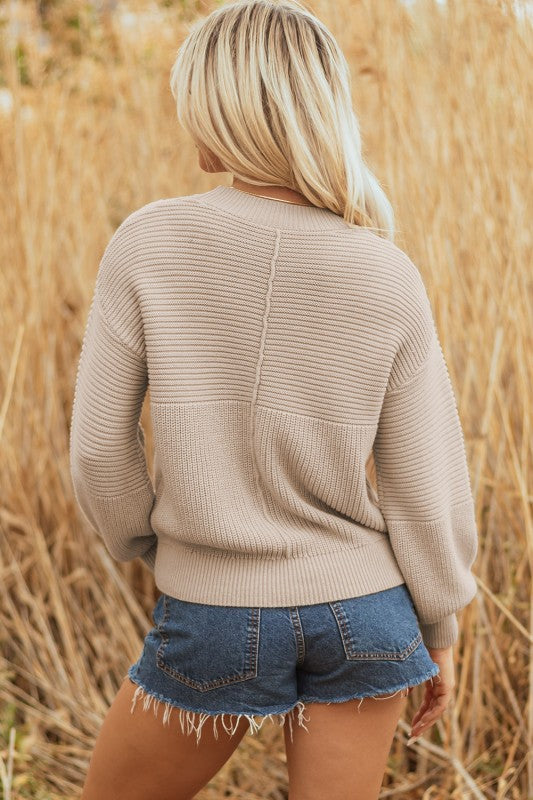 Textured Knit Puff Sleeve Sweater in parchment which is a tan color