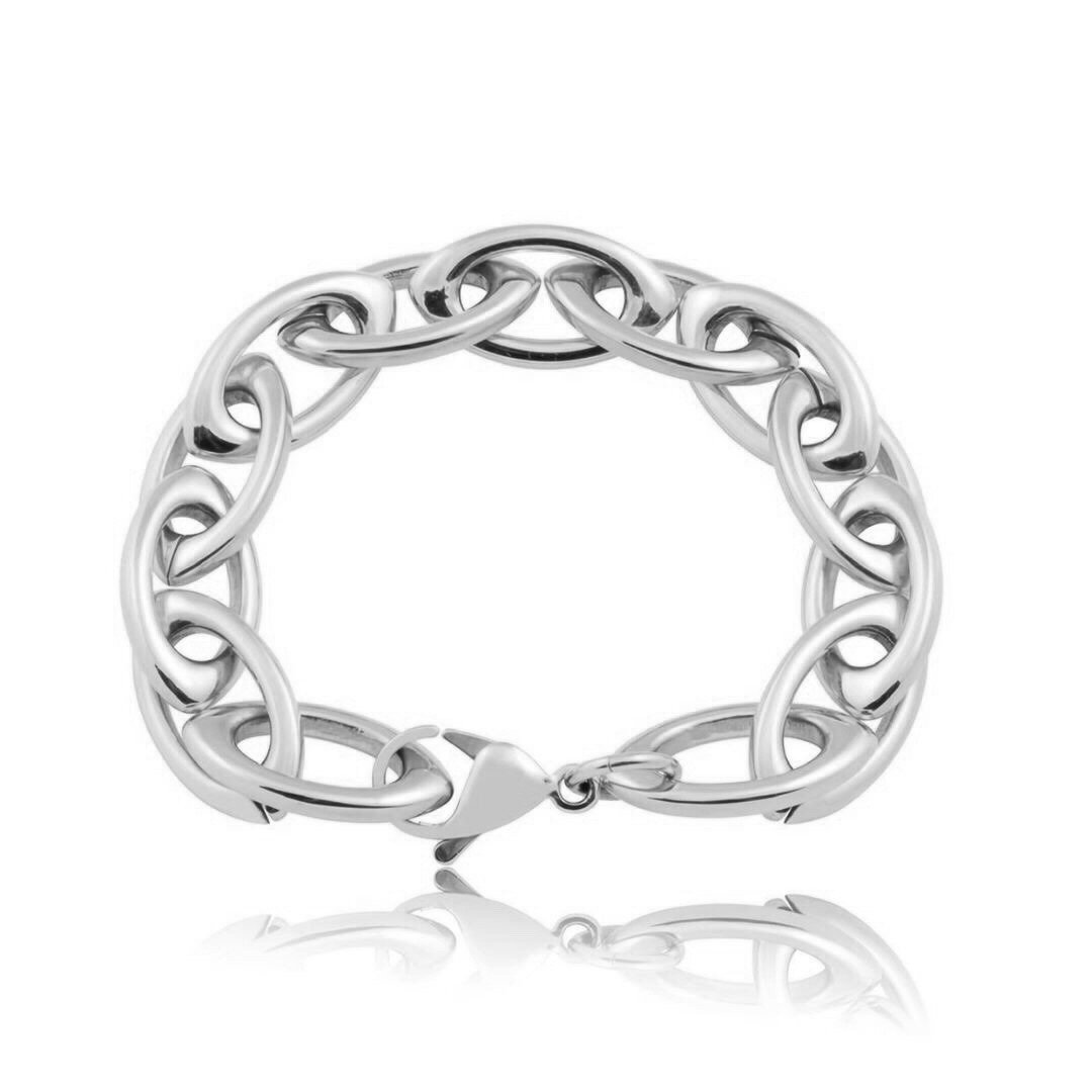 Silver bracelet with intricate links on a white background