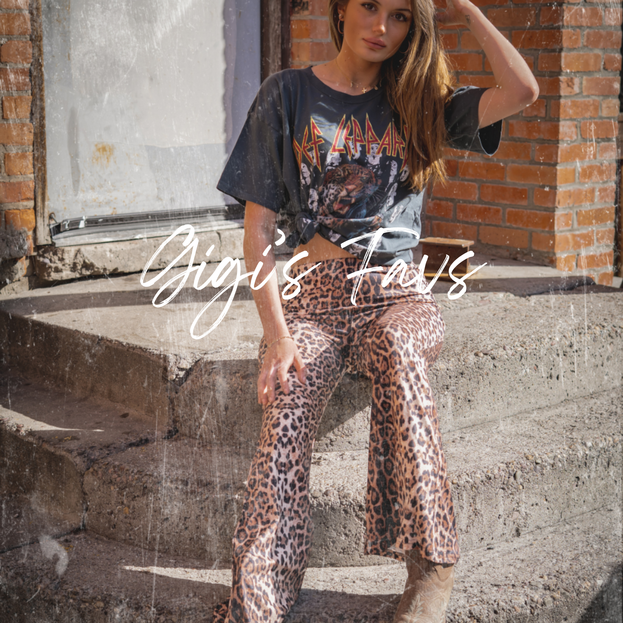 Woman wearing leopard print bell bottom pants with slim fit and flare leg and Def Leppard graphic tee