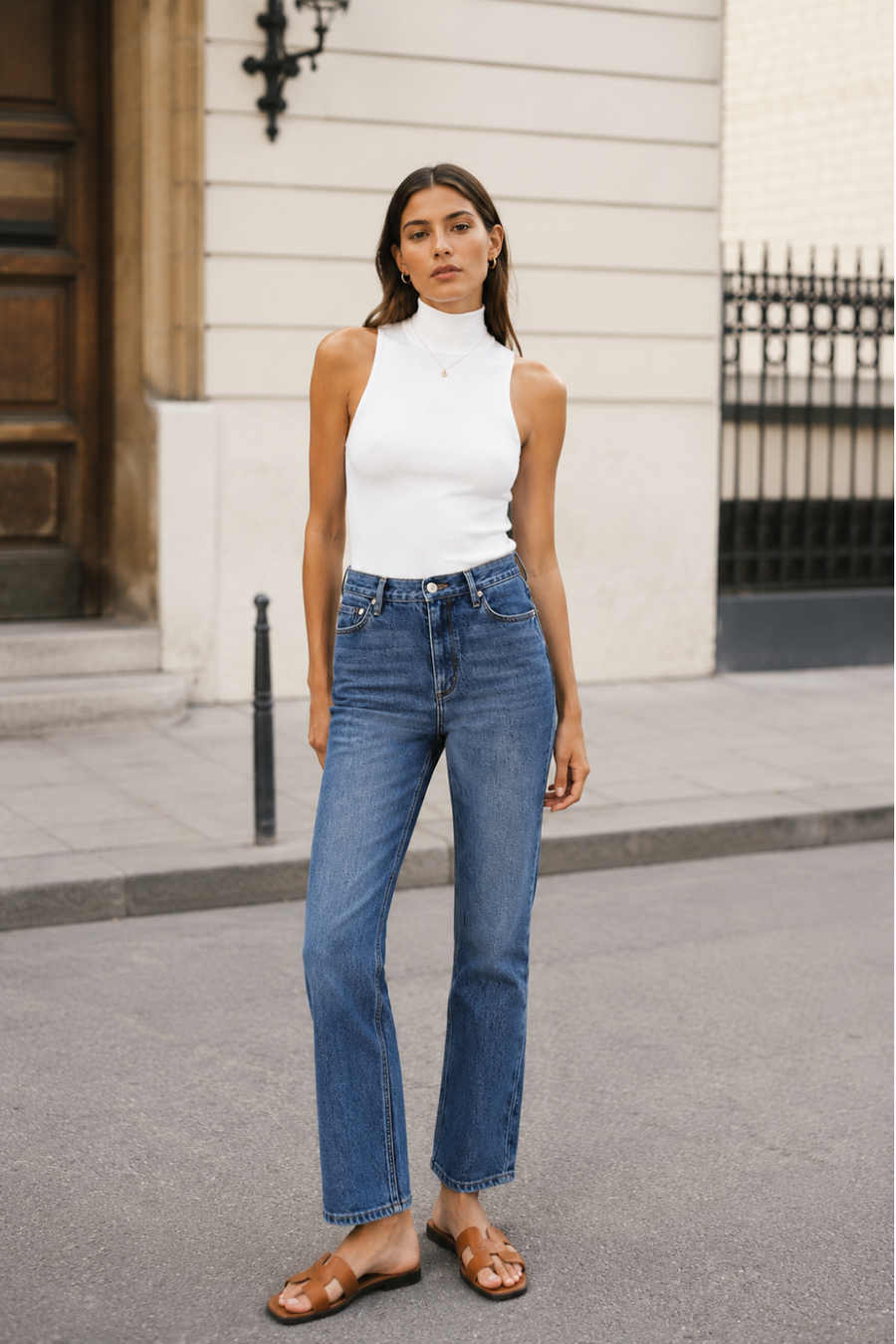 woman wearing a white tank and denim jeans