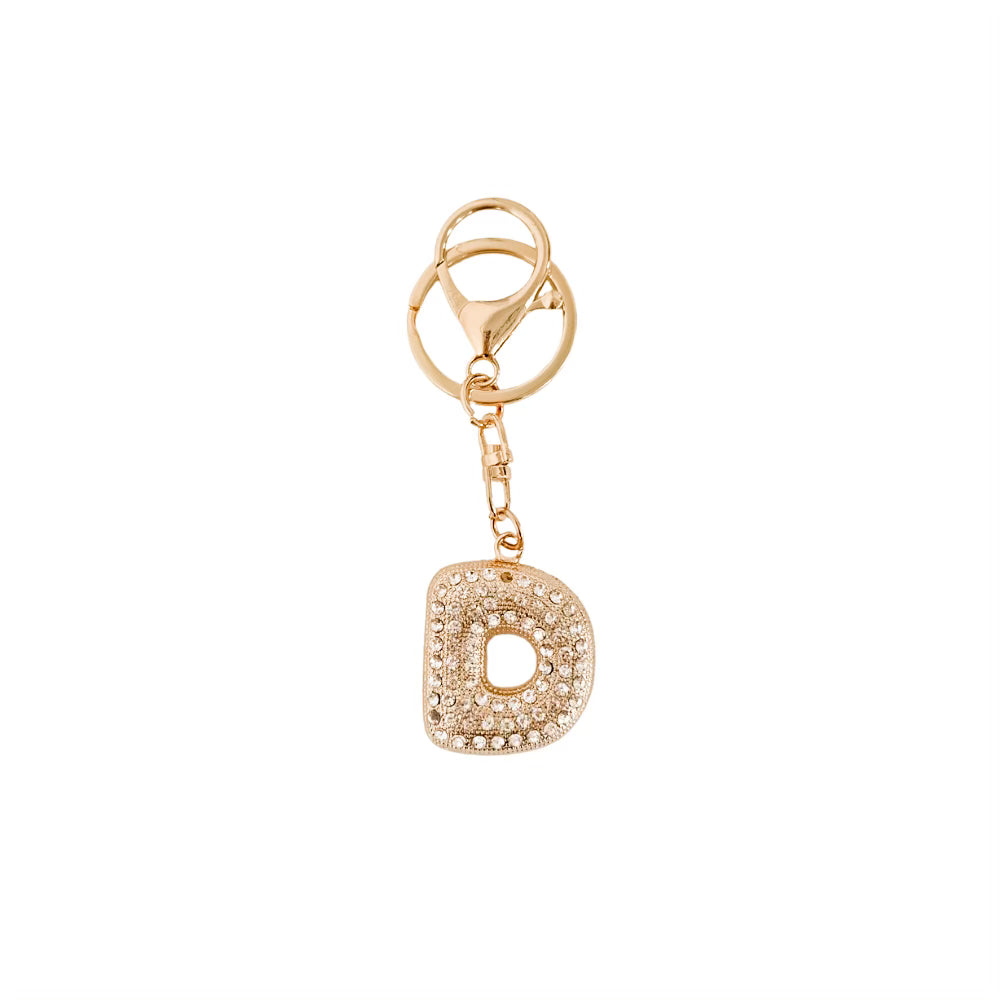 Gold keychain with letter 'D' on a white background