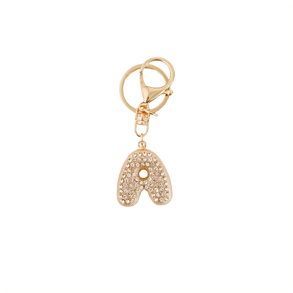 Gold letter 'A' charm with clear stones on a white background
