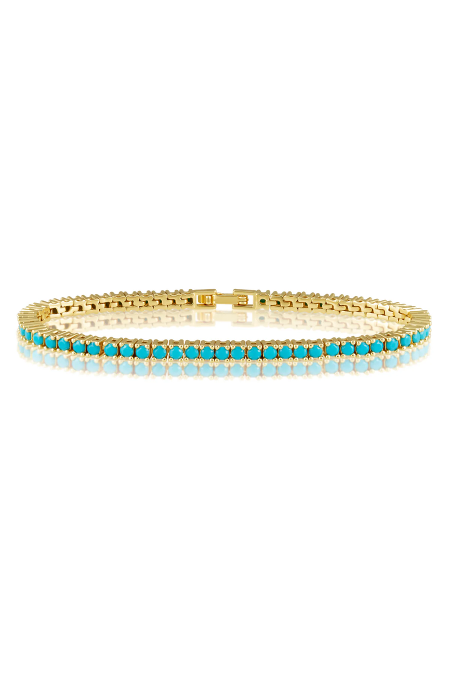 Gold bracelet with turquoise stones on a white background