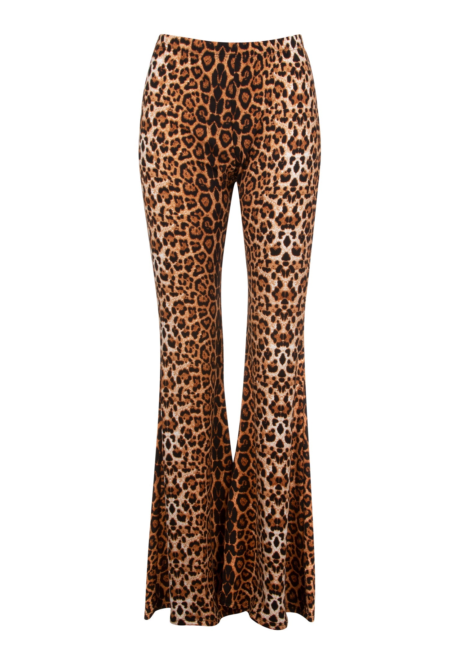 Leopard print flared pants on a white background