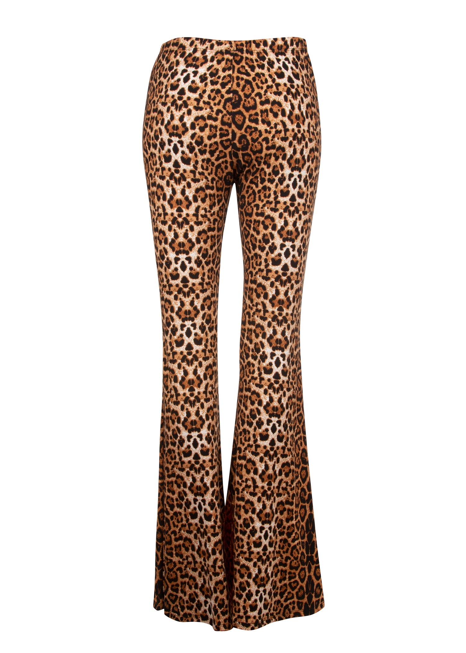 Leopard print bell-bottom pants on a white background