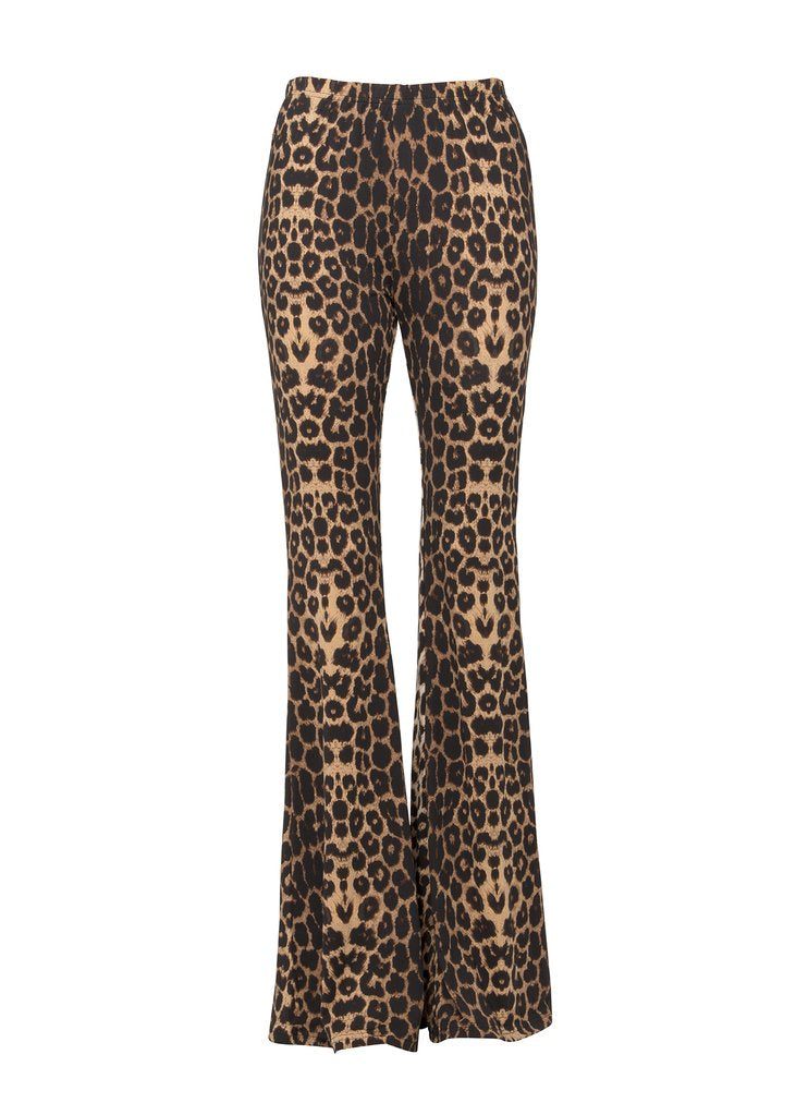 Leopard print flared pants on a white background