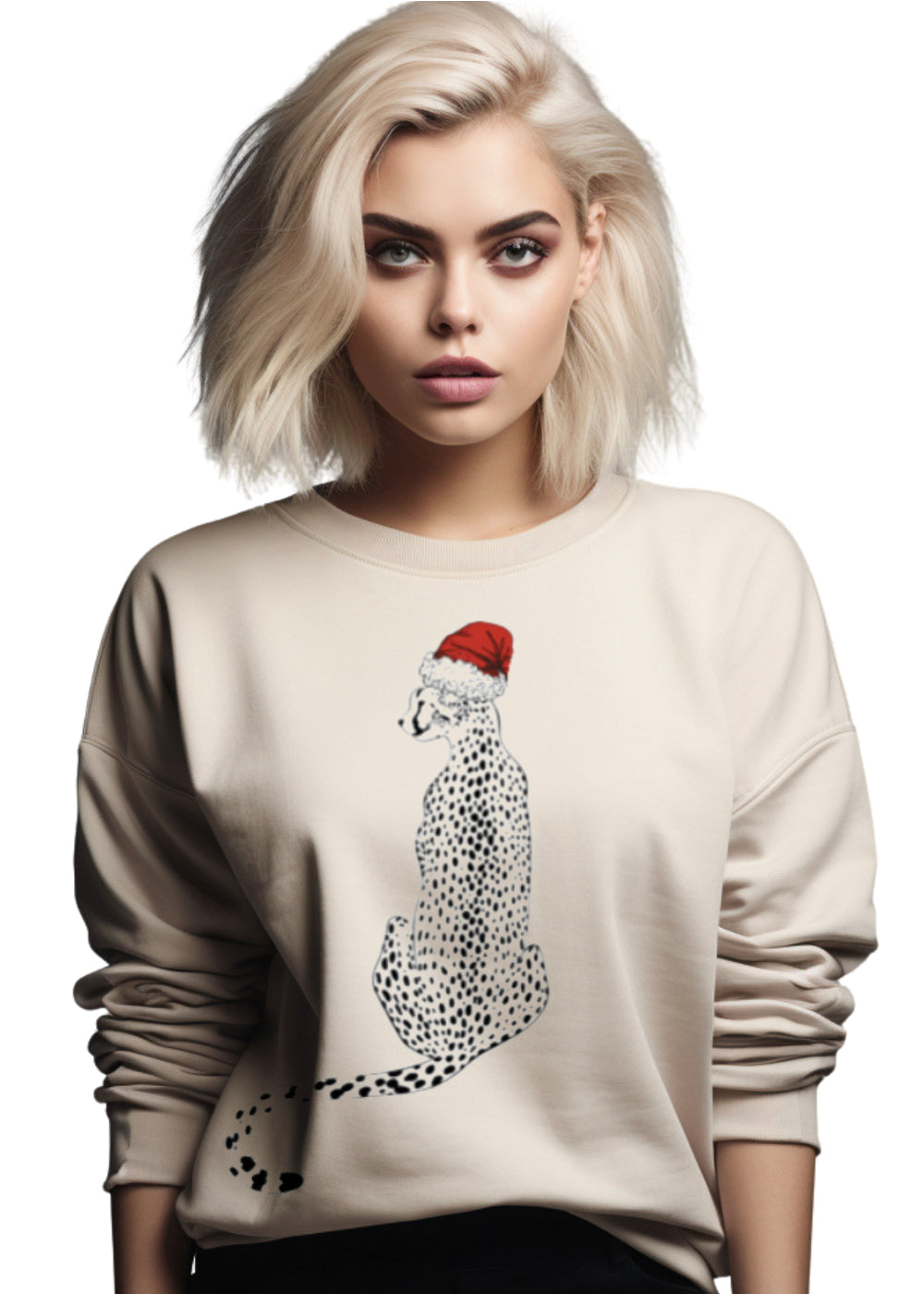 Person wearing a beige sweatshirt with a graphic of a cheetah wearing a Santa hat.