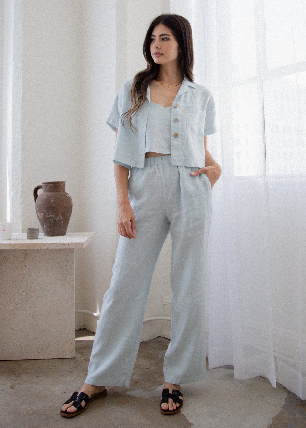 100% Linen Wide-Leg Pants | Effortless Pull-On Style with Pockets