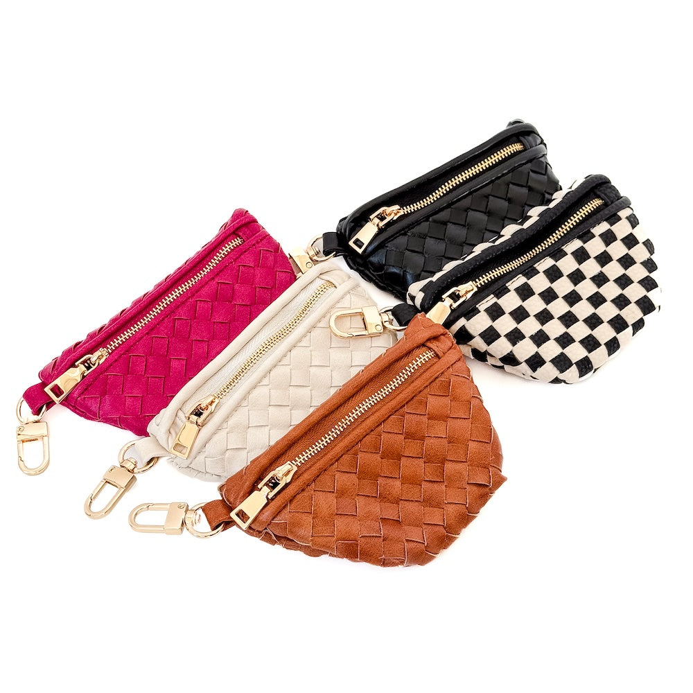Five woven Mini Westlyn Bag Charm in different colors – Clip-On Mini Bag Accessory for Cash, Cards & AirPods