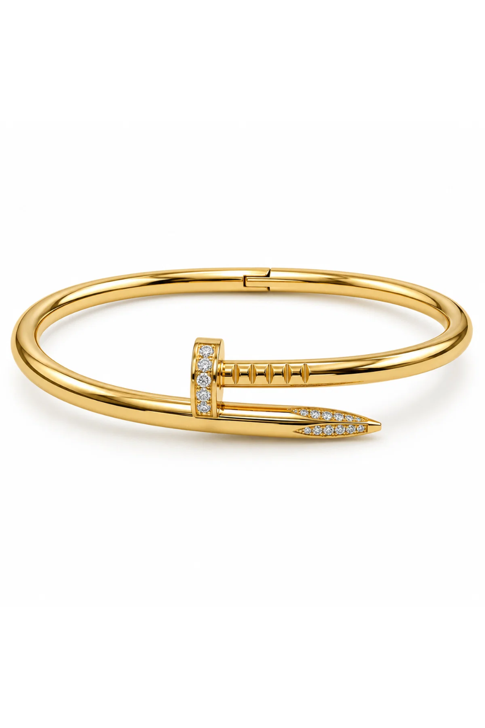 A gold hinged bangle bracelet designed like a nail, featuring small clear pavé diamonds on the head and shank, set against a plain white background.