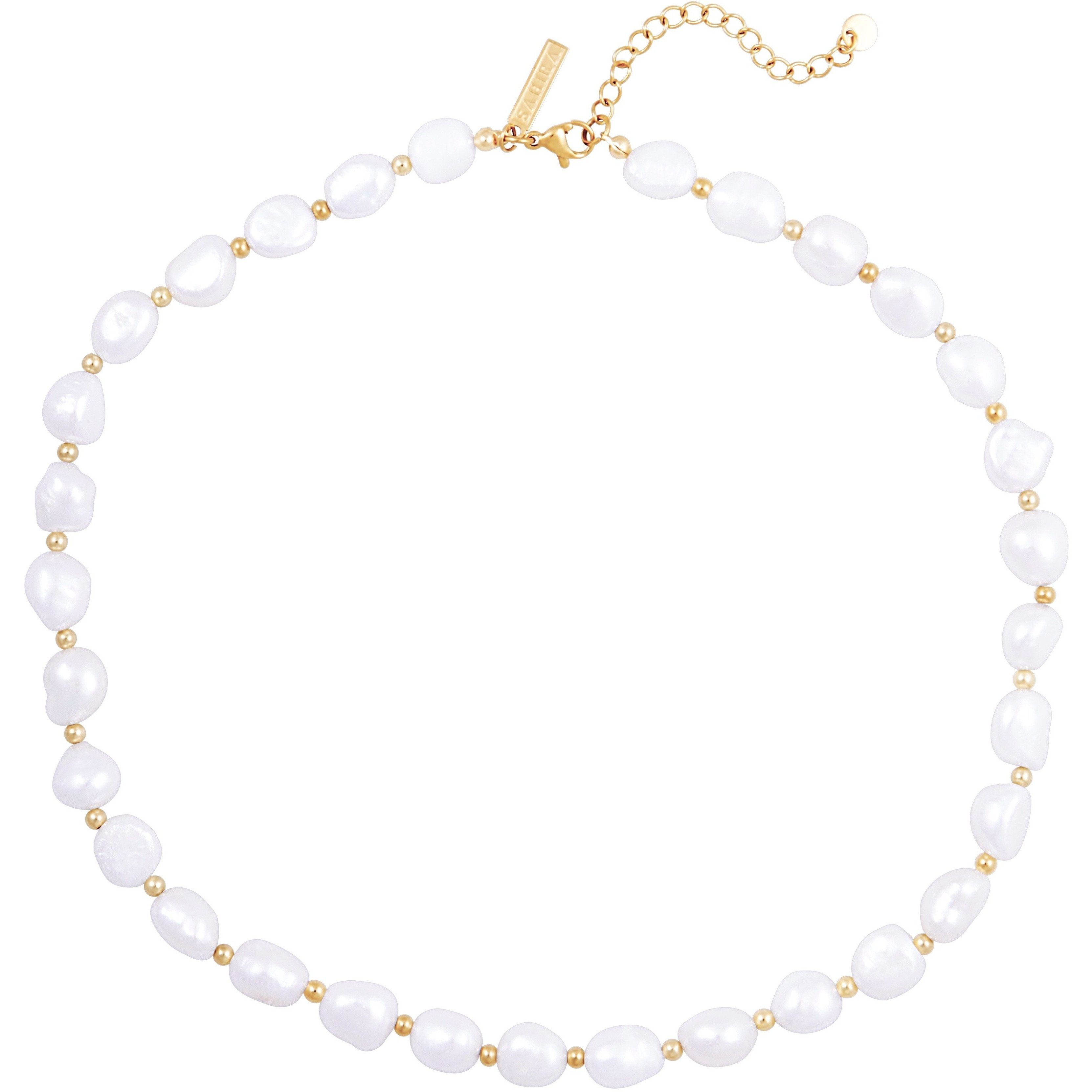 Pearl necklace with gold accents on a white background