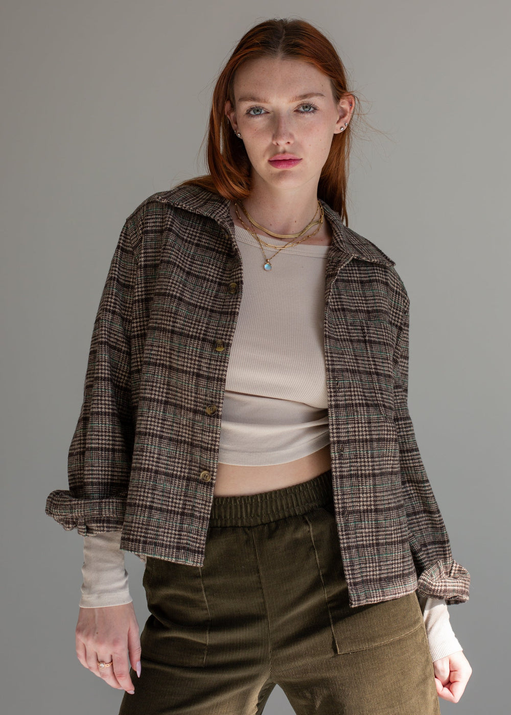 Brown plaid wool chore jacket, the textured outer layer in Rosie Karma's fall 2026 edit