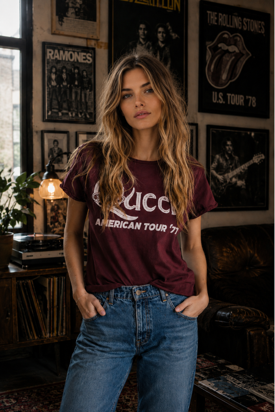 women wearing a burgundy queen american tour '77 tee shirt being sold at rosiekarma.com