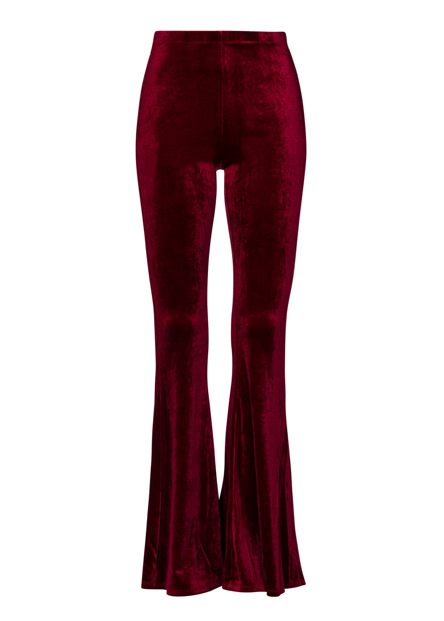 Maroon velvet bell-bottom pants on a white background