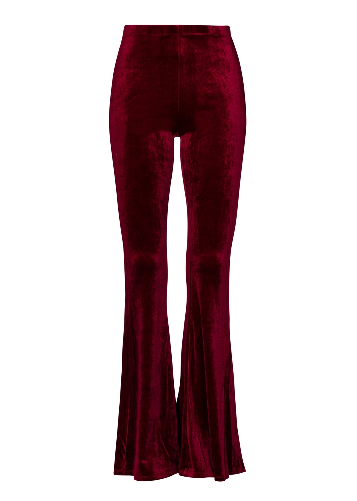 Maroon velvet bell-bottom pants on a white background