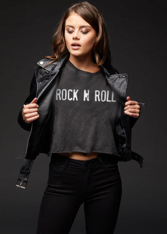 Distressed rock n roll cropped top paired with black high-rise jeans and a black leather jacket– Rosie Karma boutique fashion