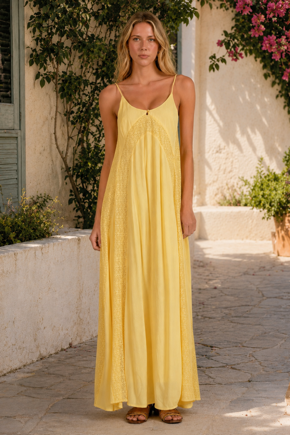 Woman wearing a yellow dress standing outdoors with plants and a building in the background