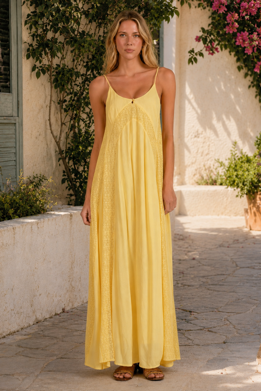 Woman wearing a yellow dress standing outdoors with plants and a building in the background